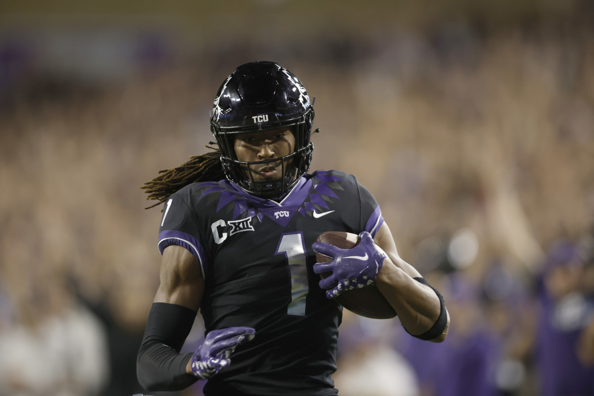 Oct 22, 2022; Fort Worth, Texas, USA; TCU Horned Frogs wide receiver Quentin Johnston (1) scores a touchdown against the Kansas State Wildcats in the third quarter at Amon G. Carter Stadium. Mandatory Credit: Tim Heitman-USA TODAY Sports